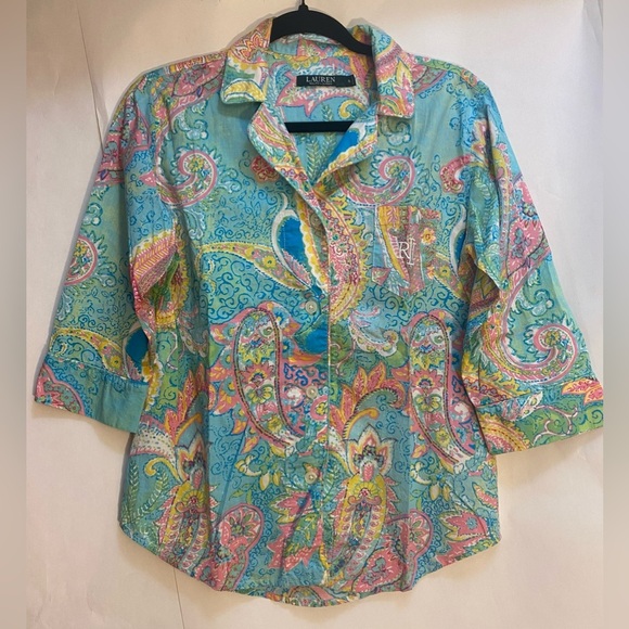 Ralph Lauren Button Down Shirt Woman’s Size Small Pastel Paisley Old Money - Picture 1 of 8